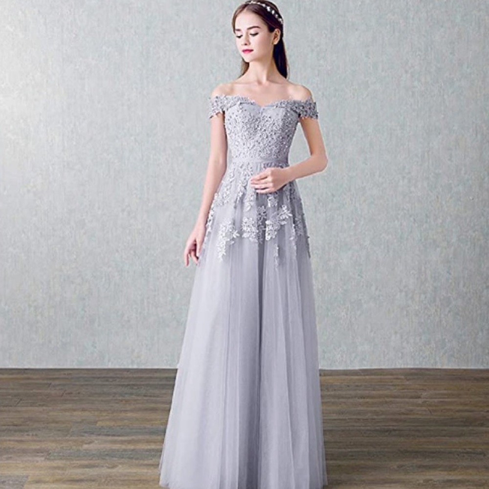 Silver Embellished Tulle Off the Shoulder Prom Dress